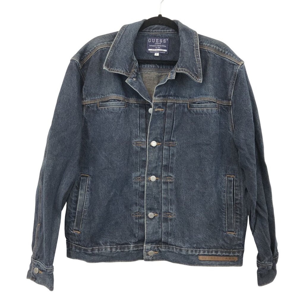 Guess Jeans Mens Authentic Indigo Denim Trucker Jacket Size L Oversized Y2K
